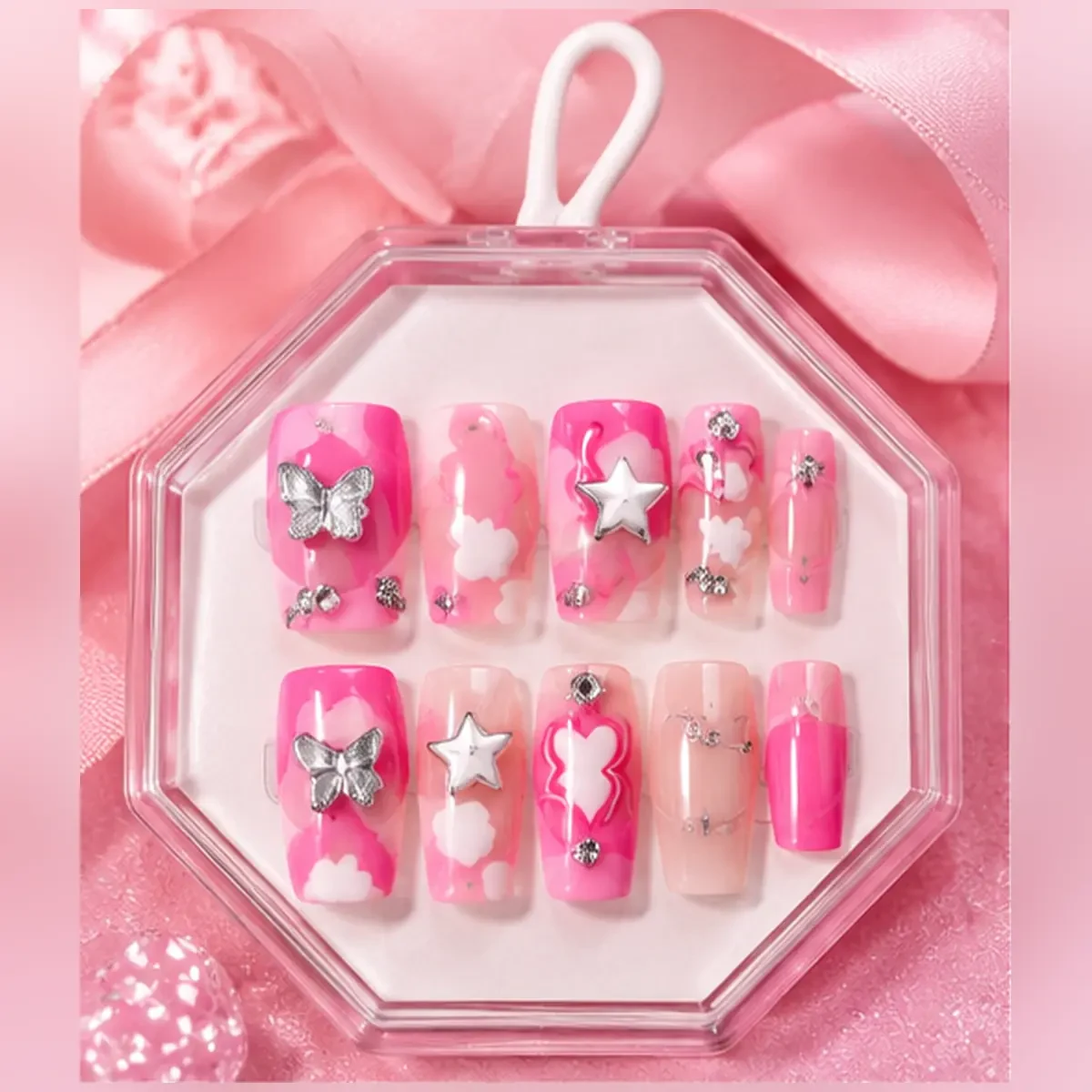 Barbie Pink Press-On Nails – Luxury Butterfly, Hearts & Rhinestone Nail Art — image 4