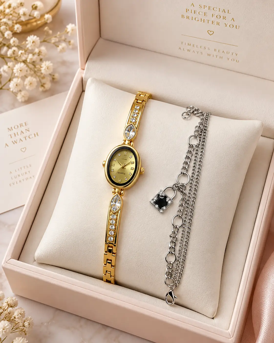 Elegant Gold Oval Watch & Silver Lock Charm Bracelet Set (STAINLESS STEEL)