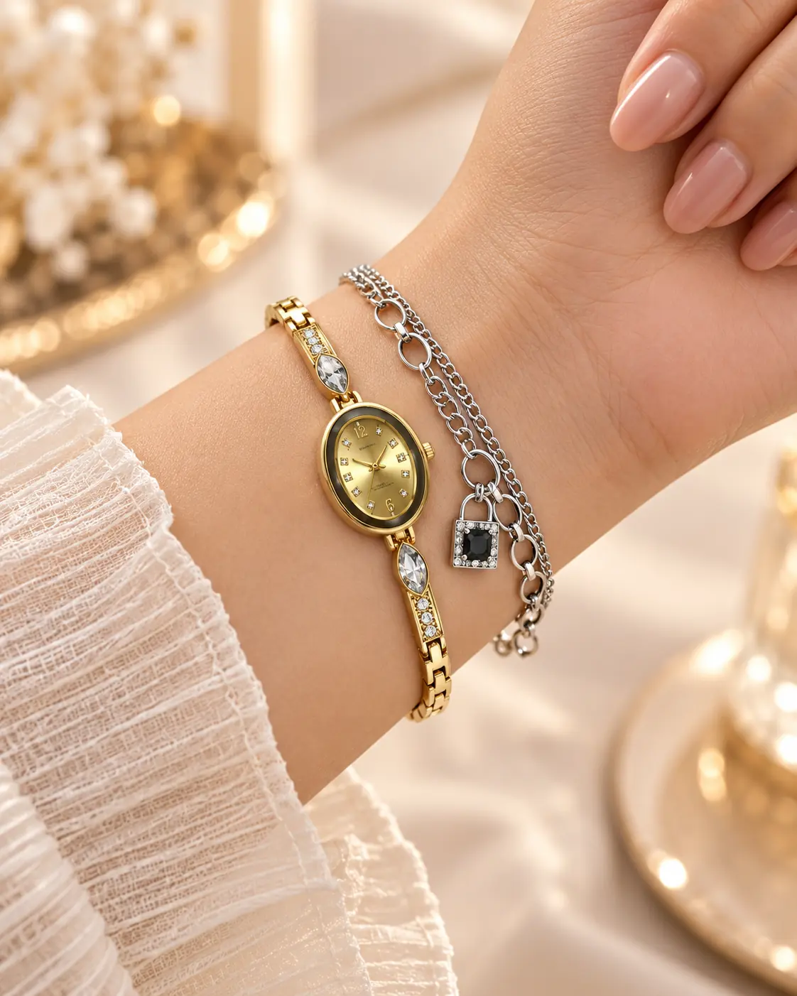 Elegant Gold Oval Watch & Silver Lock Charm Bracelet Set (STAINLESS STEEL) — image 2