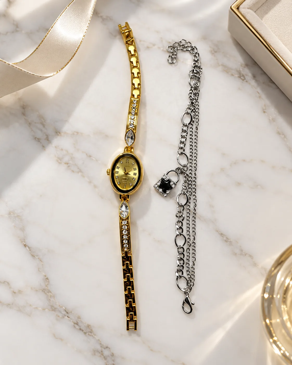 Elegant Gold Oval Watch & Silver Lock Charm Bracelet Set (STAINLESS STEEL) — image 3