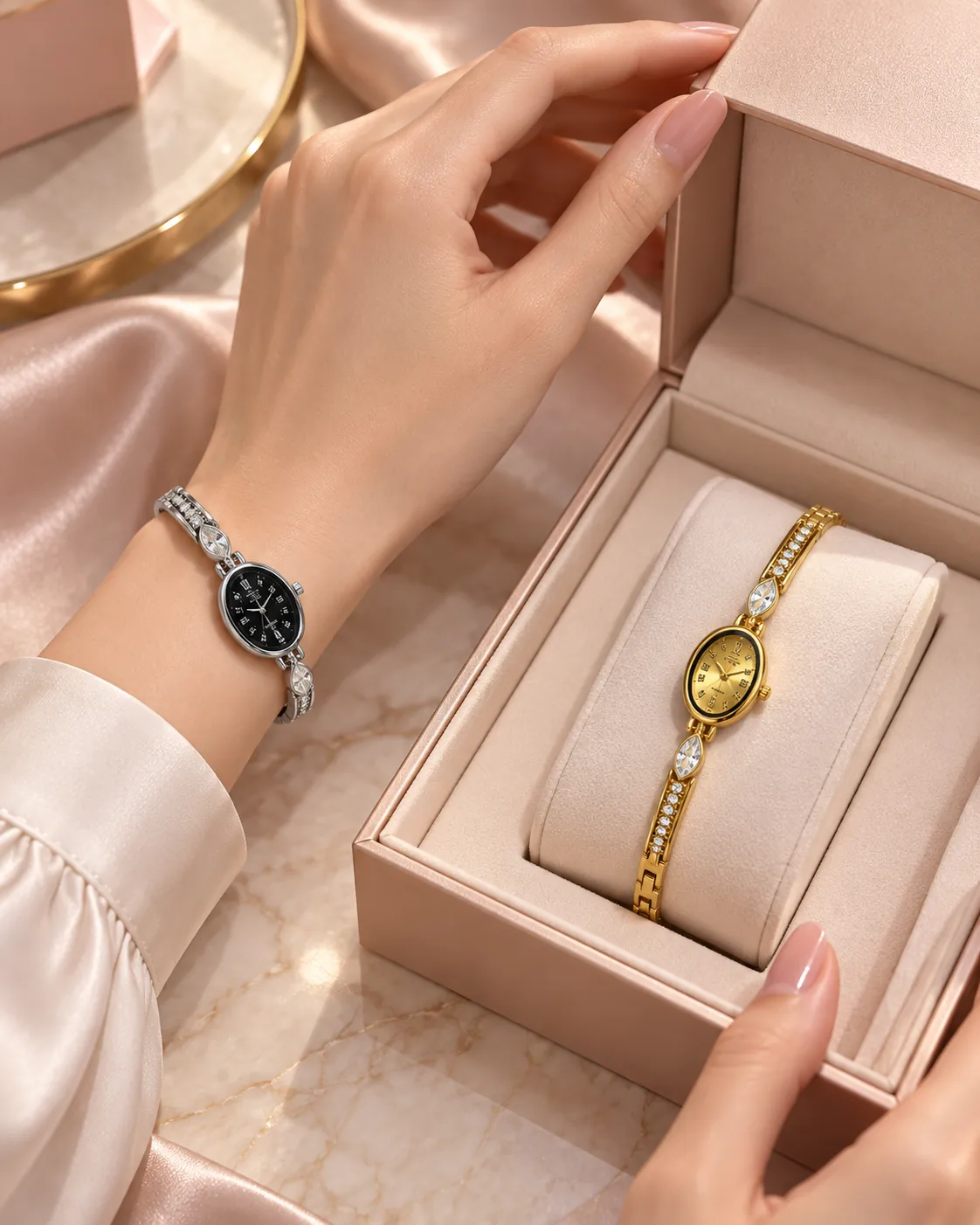 Elegant Oval Crystal Women’s Watch – Gold & Silver (STAINLESS STEEL)