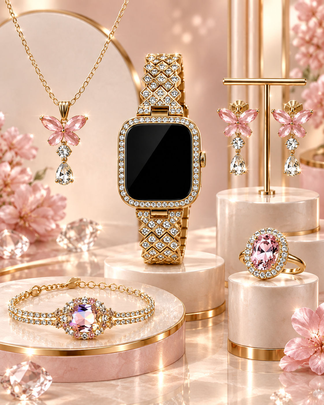 Luxury Gold Crystal Touch Watch & Pink Butterfly Jewellery Set — image 2