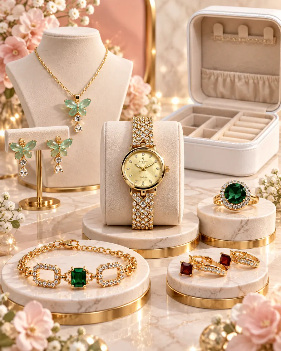 Luxury Gold Crystal Watch & Green Butterfly Jewellery Gift Set — image 2