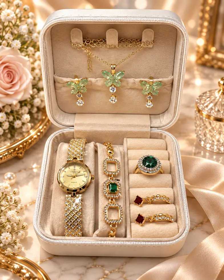 Luxury Gold Crystal Watch & Green Butterfly Jewellery Gift Set — image 3