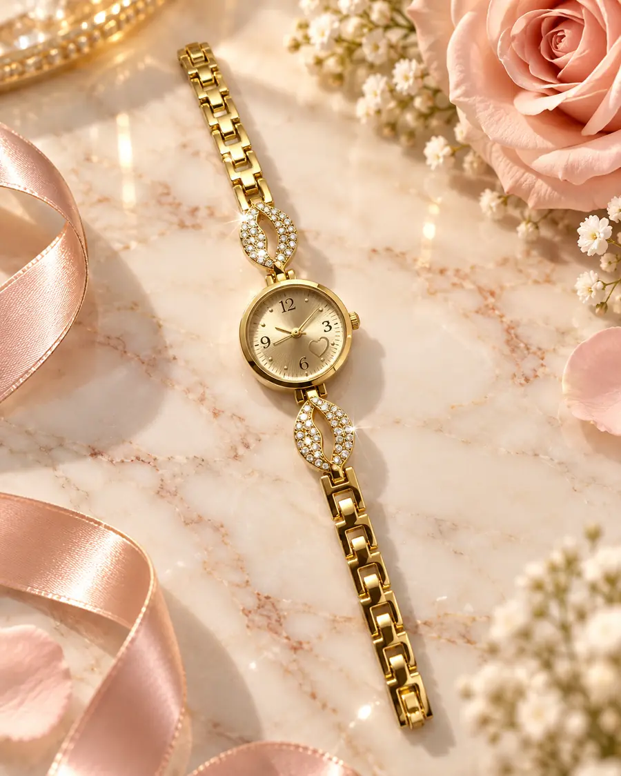 Elegant Gold Crystal Leaf Women’s Bracelet Watch