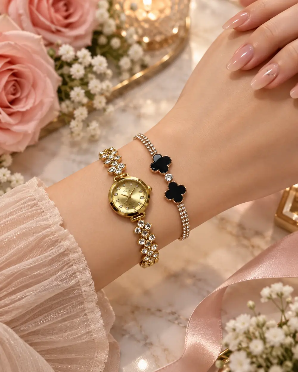 Elegant Gold Crystal Women’s Watch & Black Clover Bracelet Set