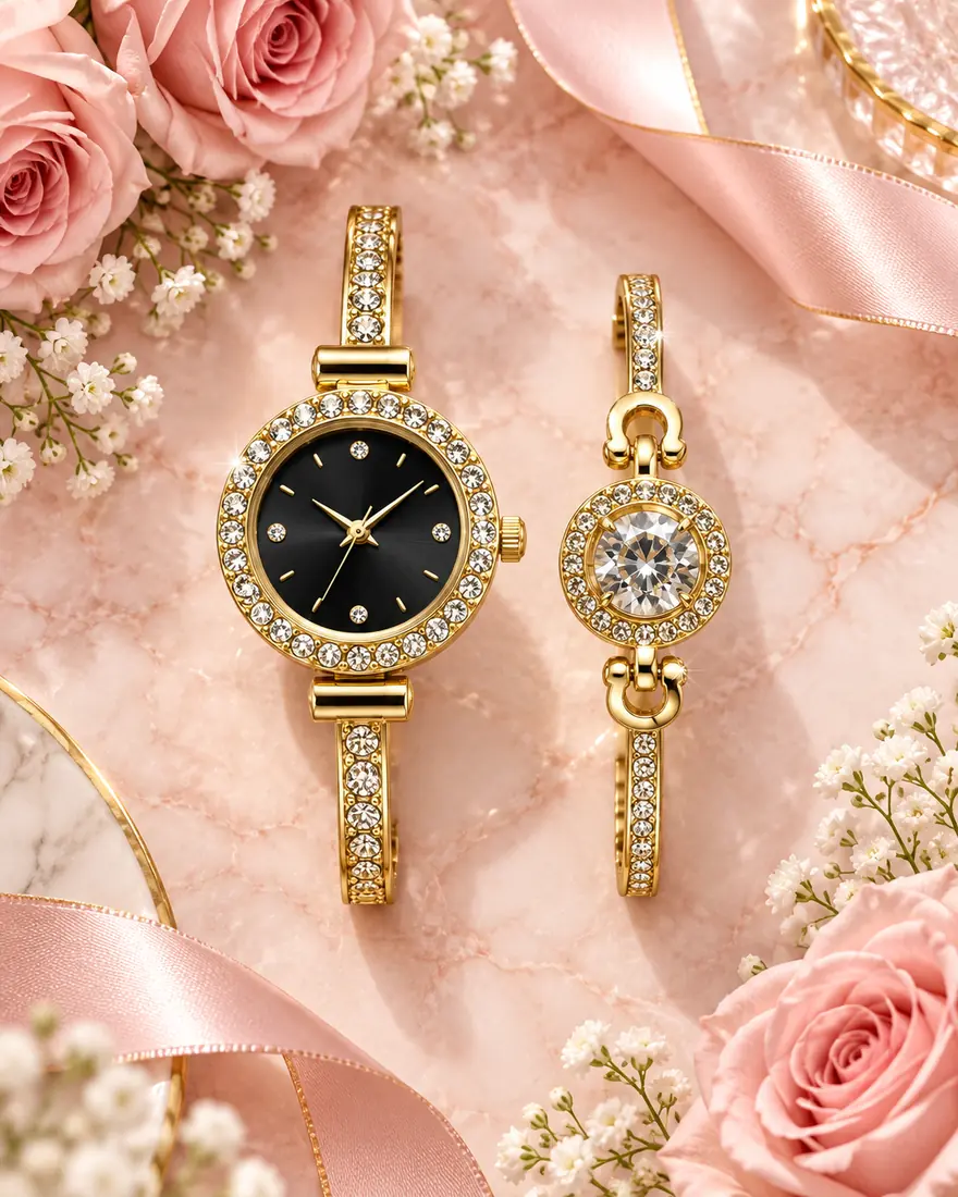 Luxury Gold Crystal Black Dial Women’s Watch & Bracelet Set