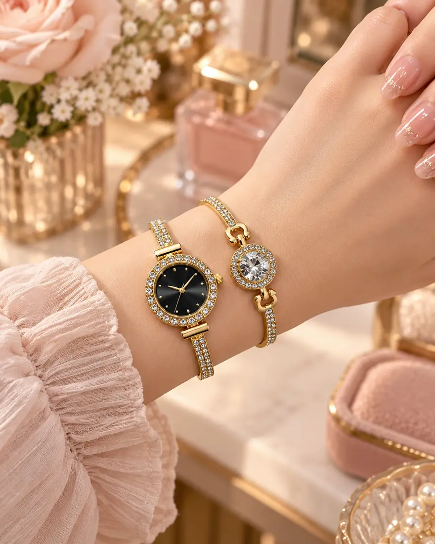 Luxury Gold Crystal Black Dial Women’s Watch & Bracelet Set — image 3