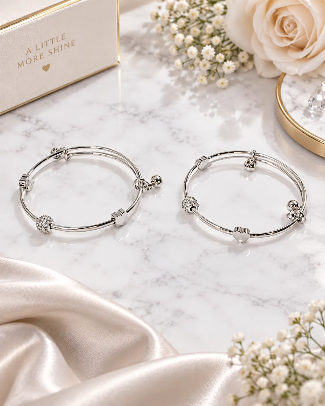 Stainless Steel & Elegant Silver Heart & Crystal Charm Bangle Set — image 2