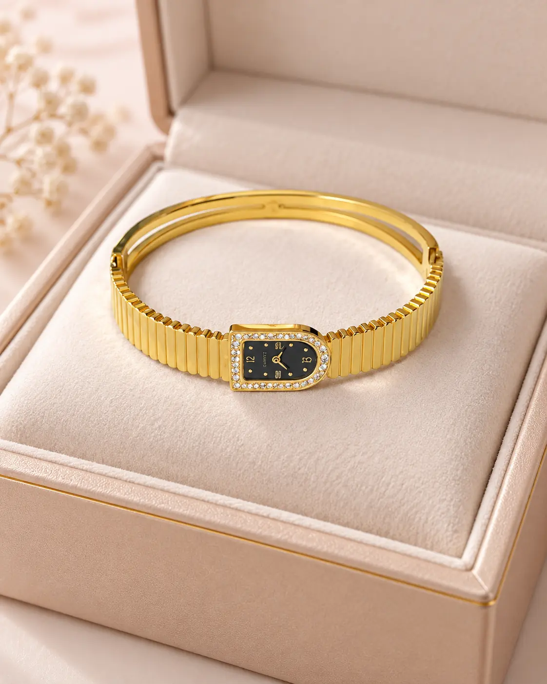 Stainless Steel Elegant Gold Crystal Bangle Watch for Women