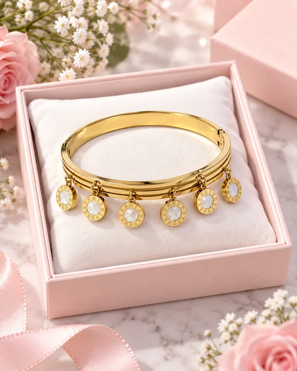 Stainless Steel Gold Roman Numeral Charm Women’s Bangle Bracelet