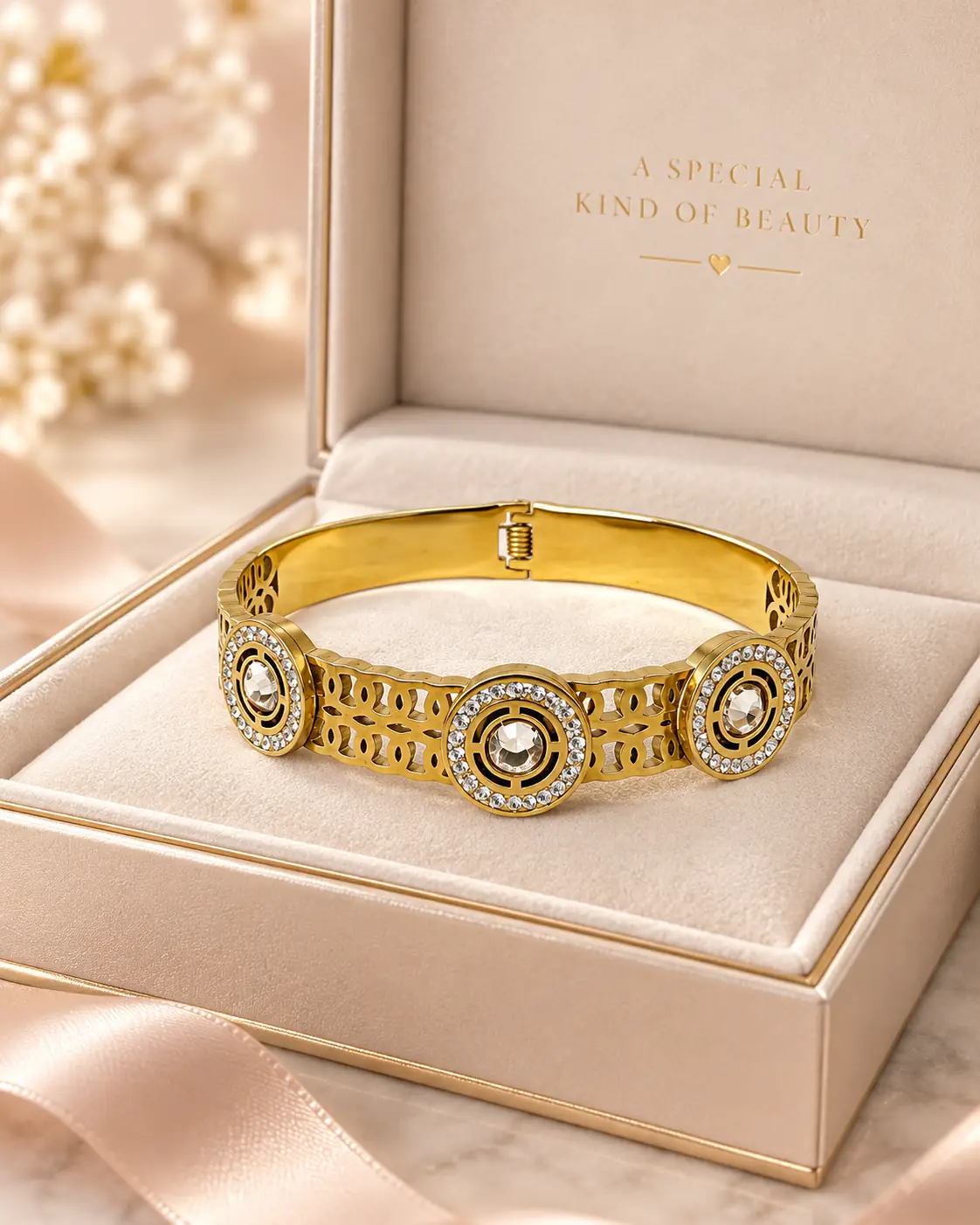 Stainless Steel Gold Triple Crystal Medallion Bangle for Women