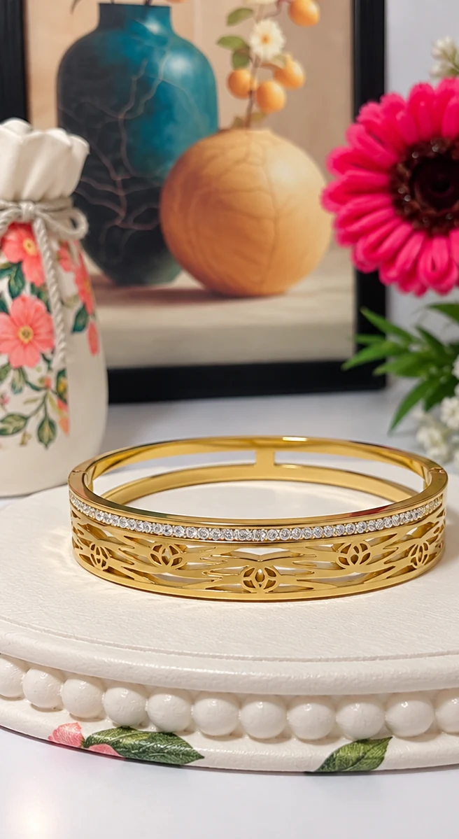 Stainless Steel Gold Floral Cutout Crystal Bangle for Women — image 1