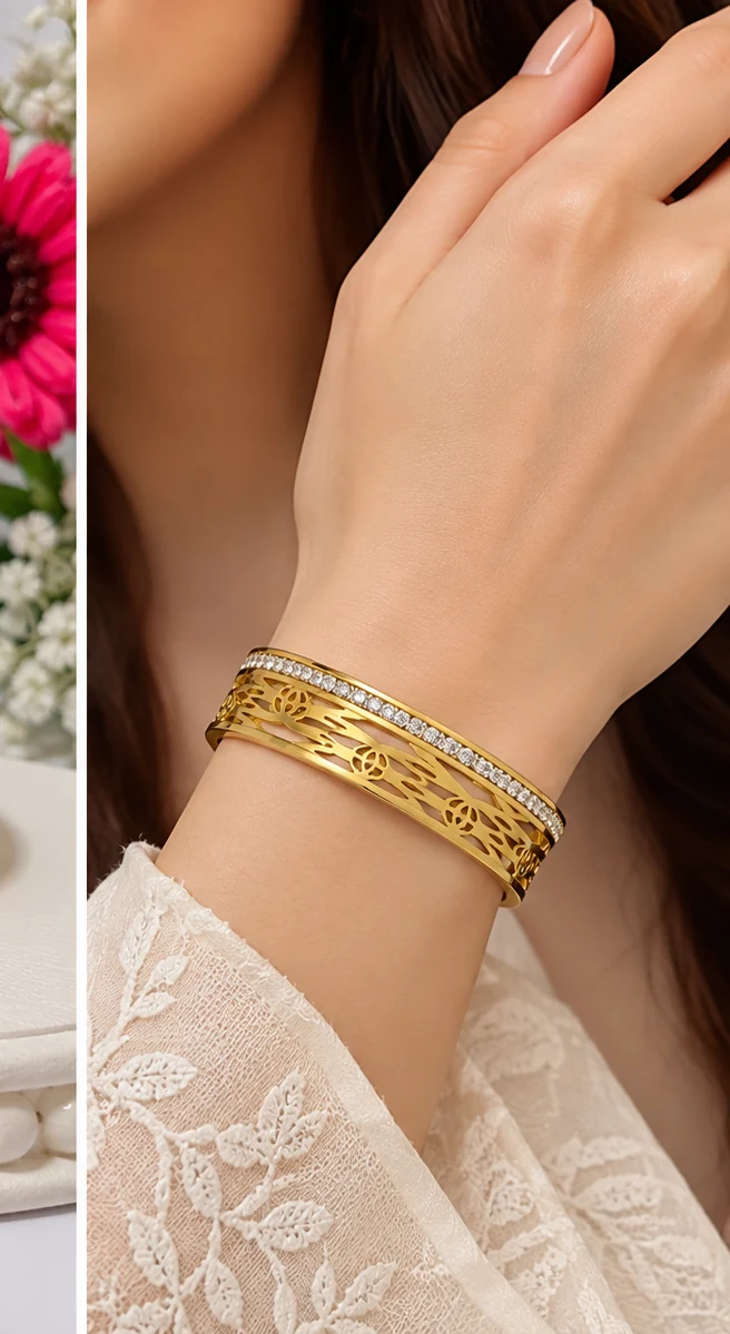 Stainless Steel Gold Floral Cutout Crystal Bangle for Women — image 2