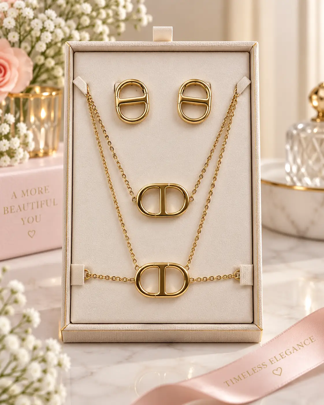 Stainless Steel Gold Oval Jewellery Set – Earrings, Bracelet & Necklace