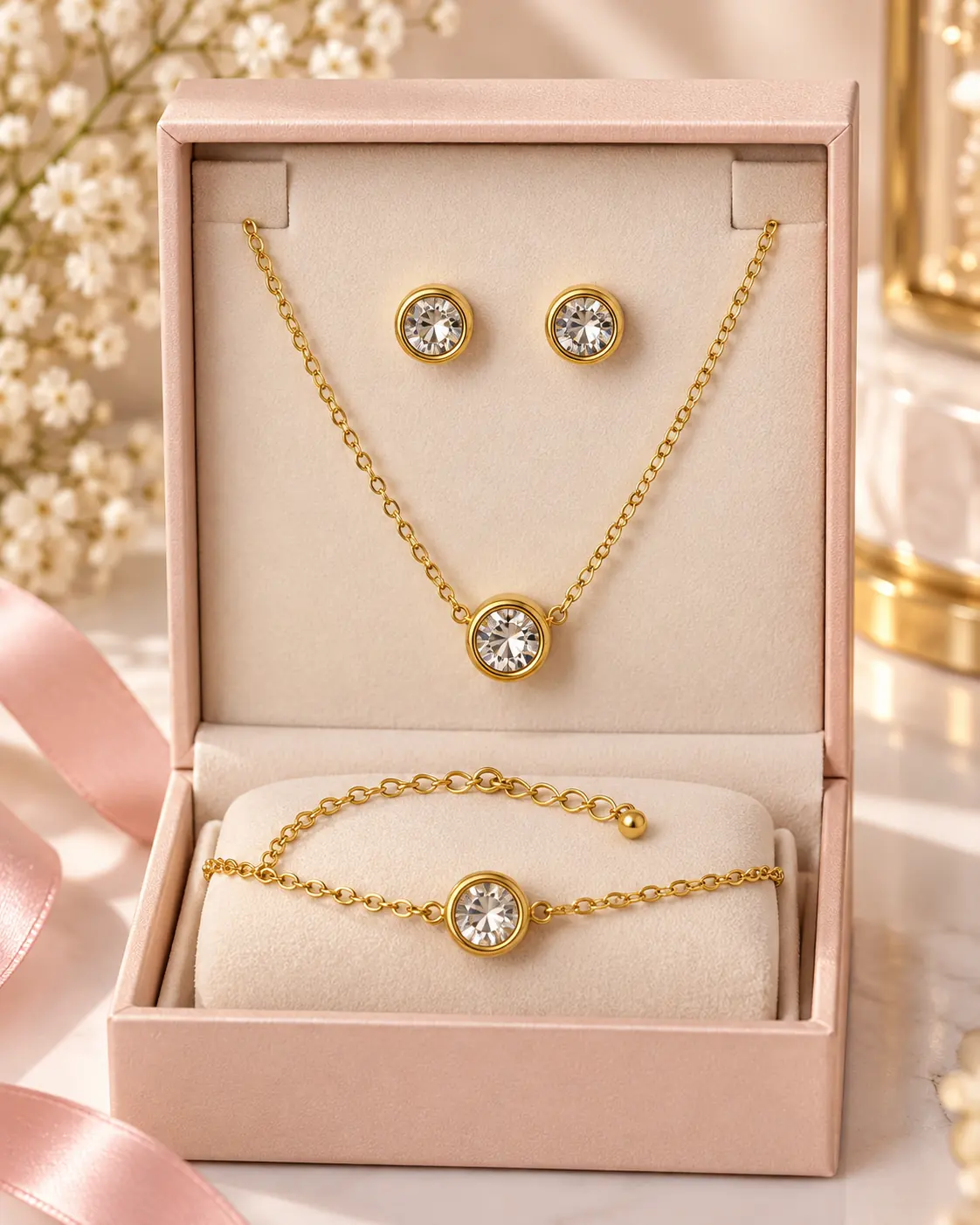 Stainless Steel Gold Crystal Round Jewellery Set – Earrings, Bracelet & Necklace