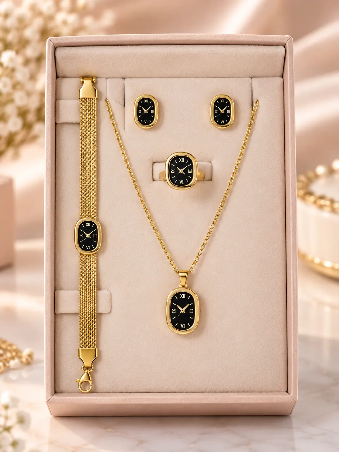 Stainless Steel Gold Black Dial Jewellery Set – Earrings, Bracelet, Ring & Necklace