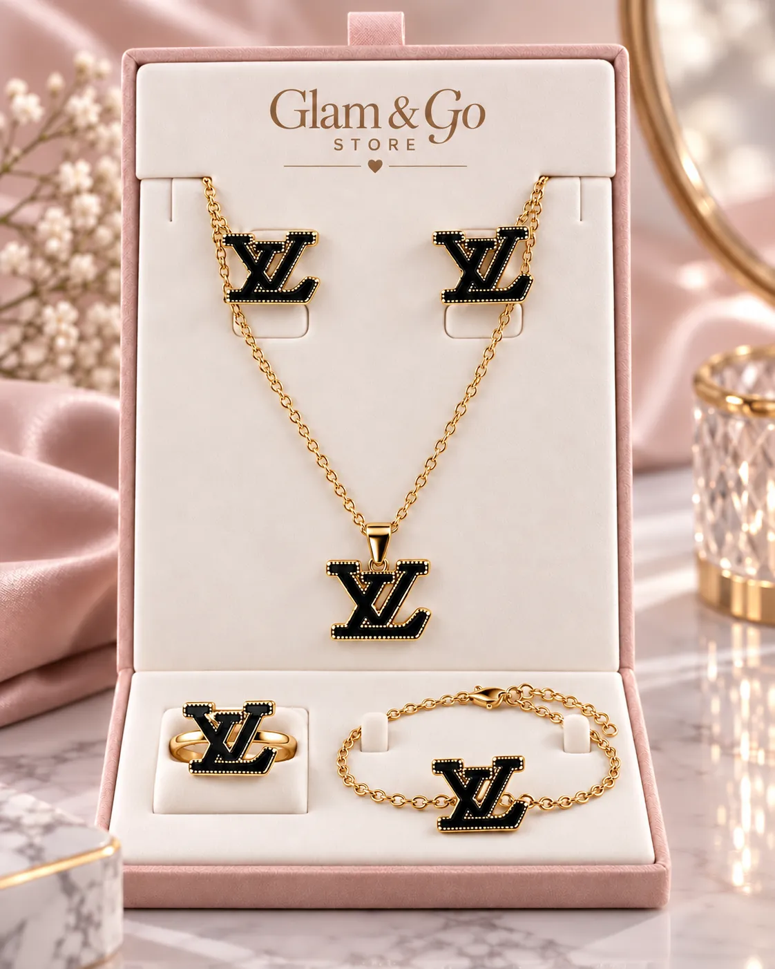 Stainless Steel Gold & Black Monogram Jewellery Set – Earrings, Bracelet, Ring & Necklace
