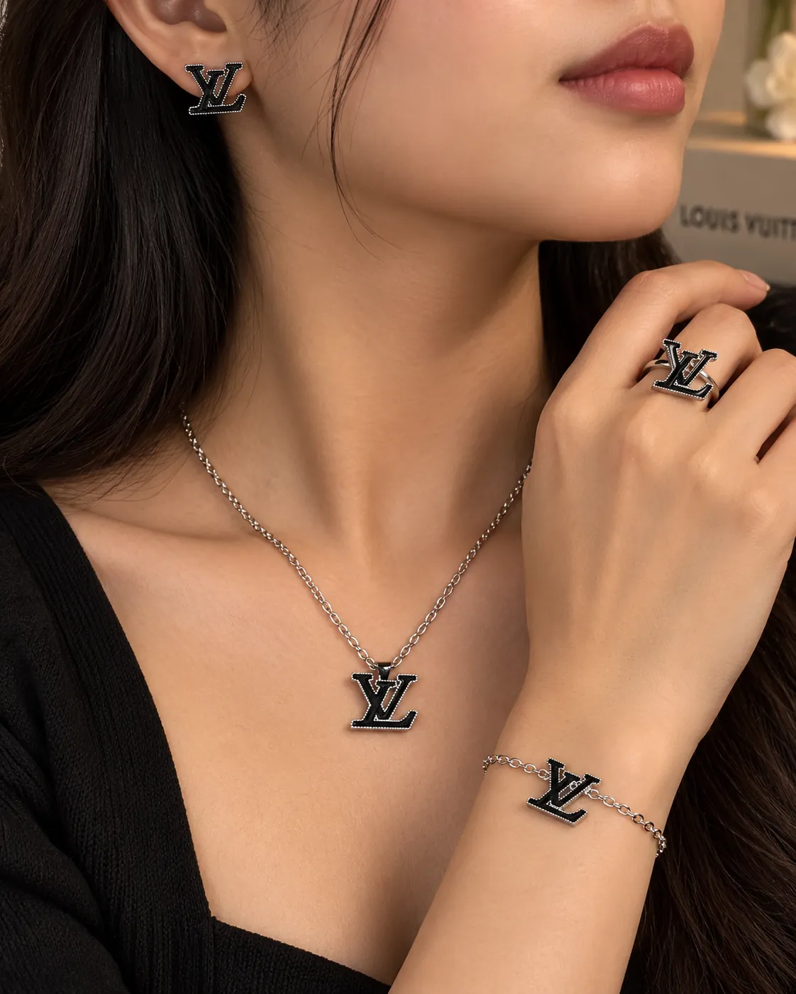 Stainless Steel Silver & Black Monogram Jewellery Set – Earrings, Bracelet, Ring & Necklace — image 2