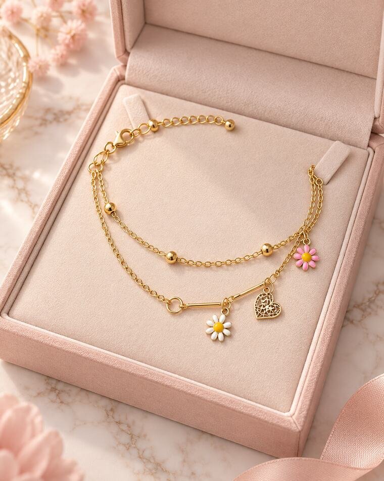 Stainless Steel Gold Double-Layer Floral Heart Charm Anklet for Women