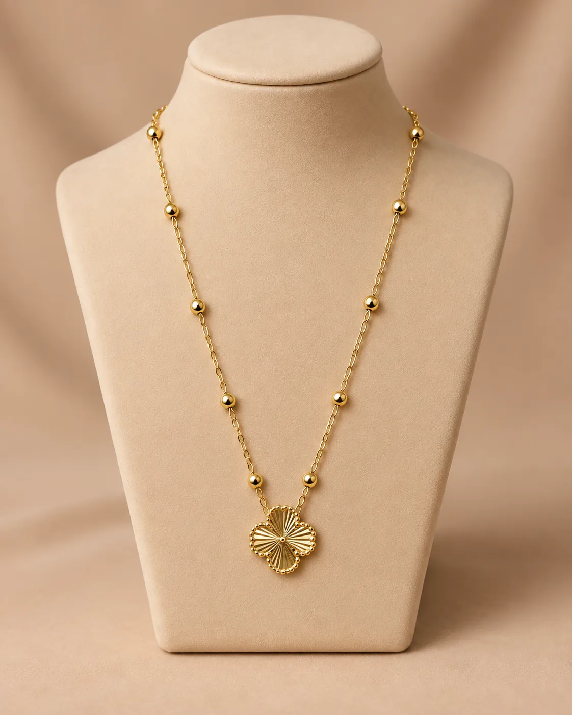 Stainless Steel Gold Beaded Clover Pendant Necklace for Women — image 2