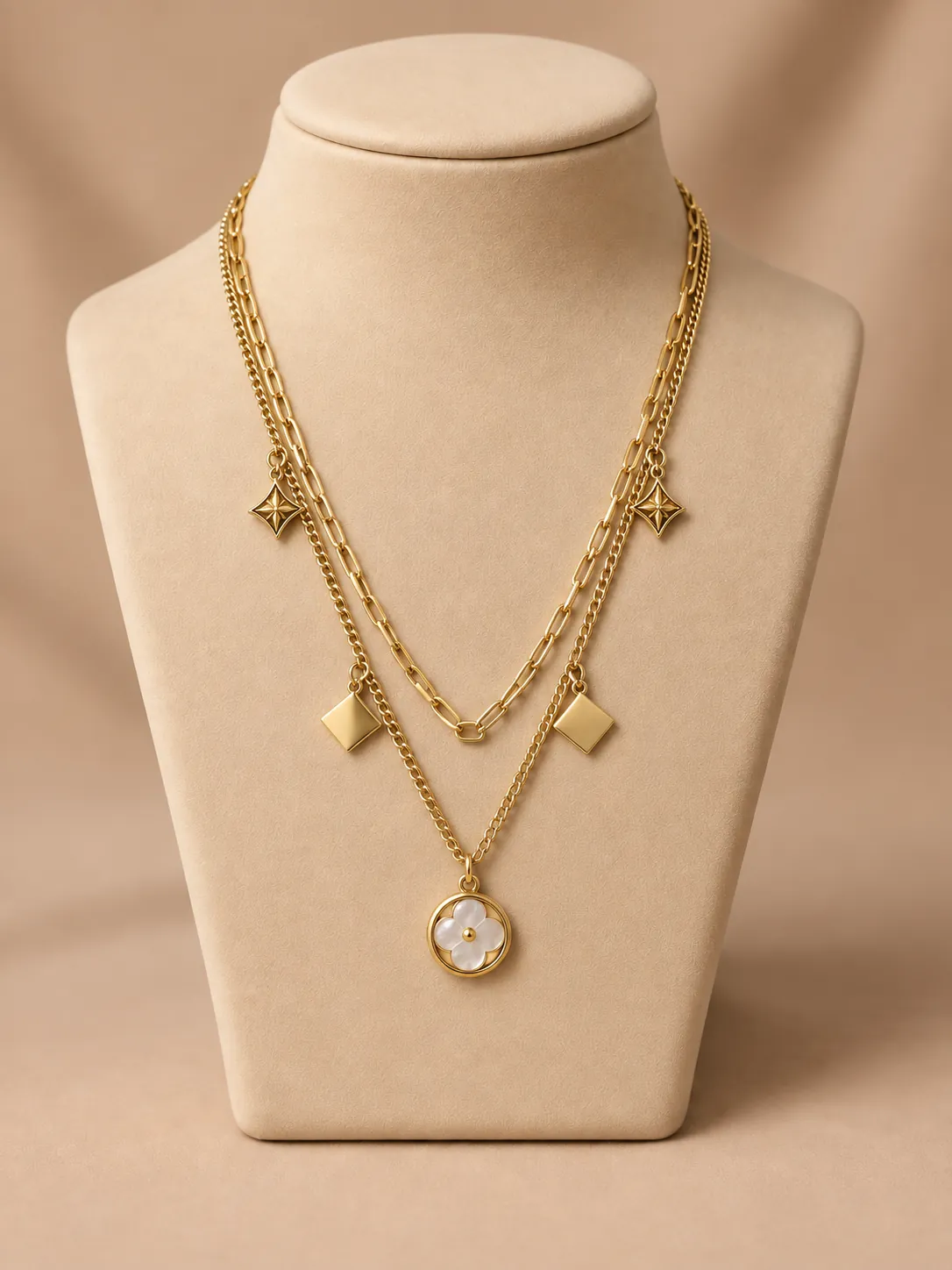 Stainless Steel Gold Layered Flower Pendant Charm Necklace for Women