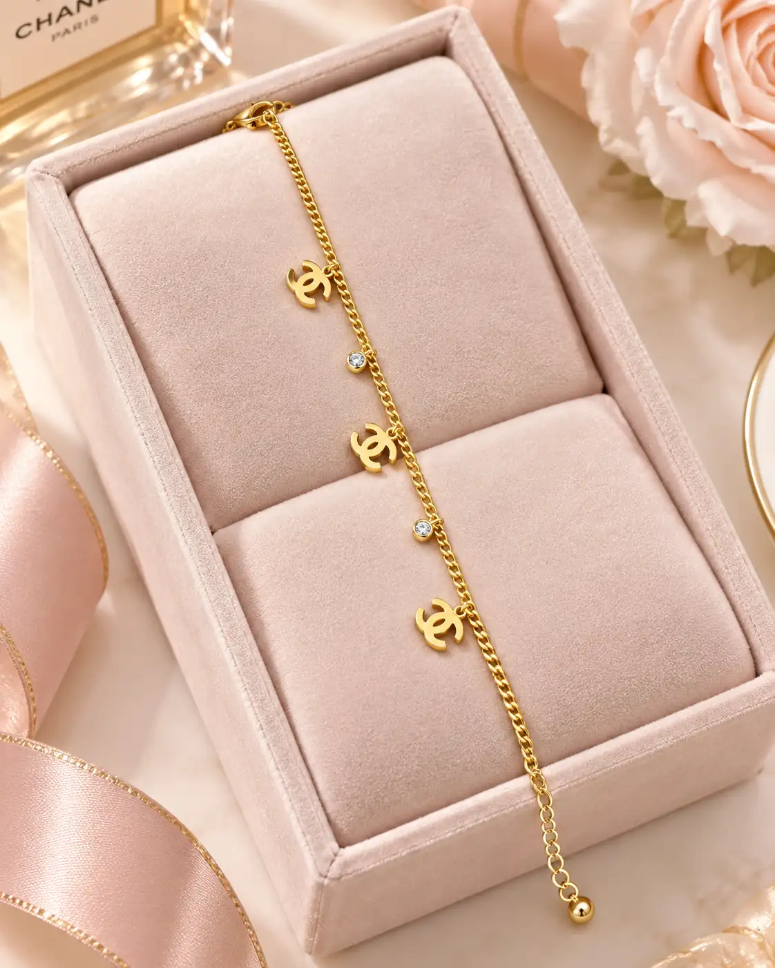 Stainless Steel Gold Interlocking Charm Crystal Bracelet for Women