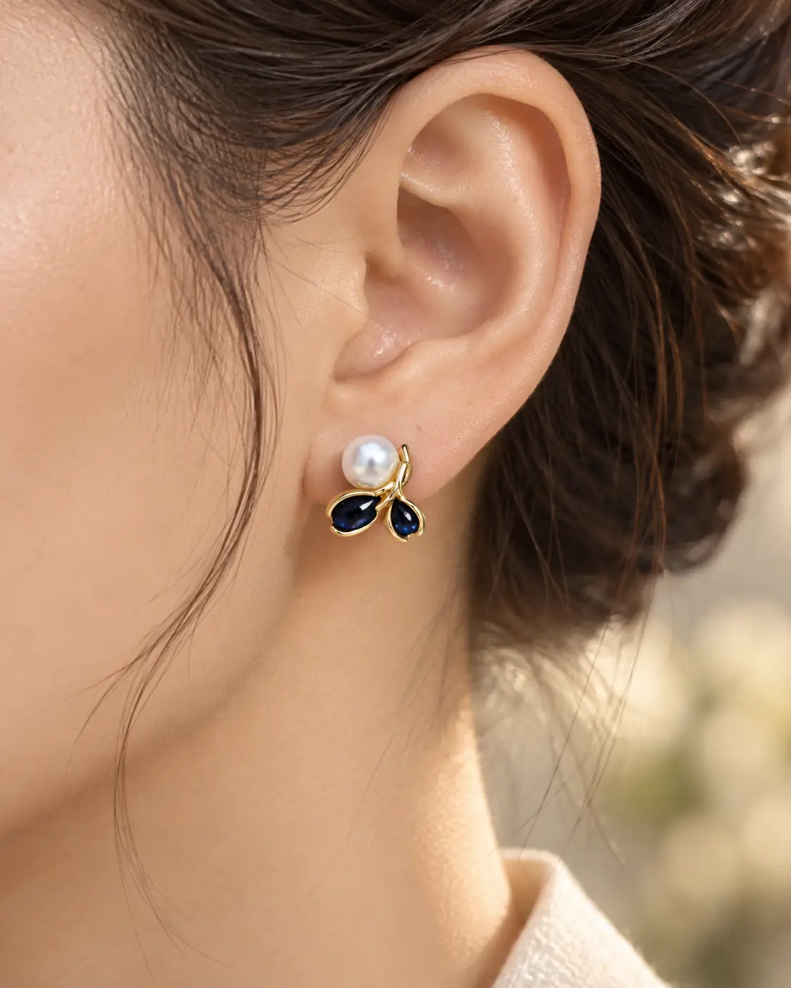 Stainless Steel Gold Black Petal Pearl Stud Earrings for Women — image 2