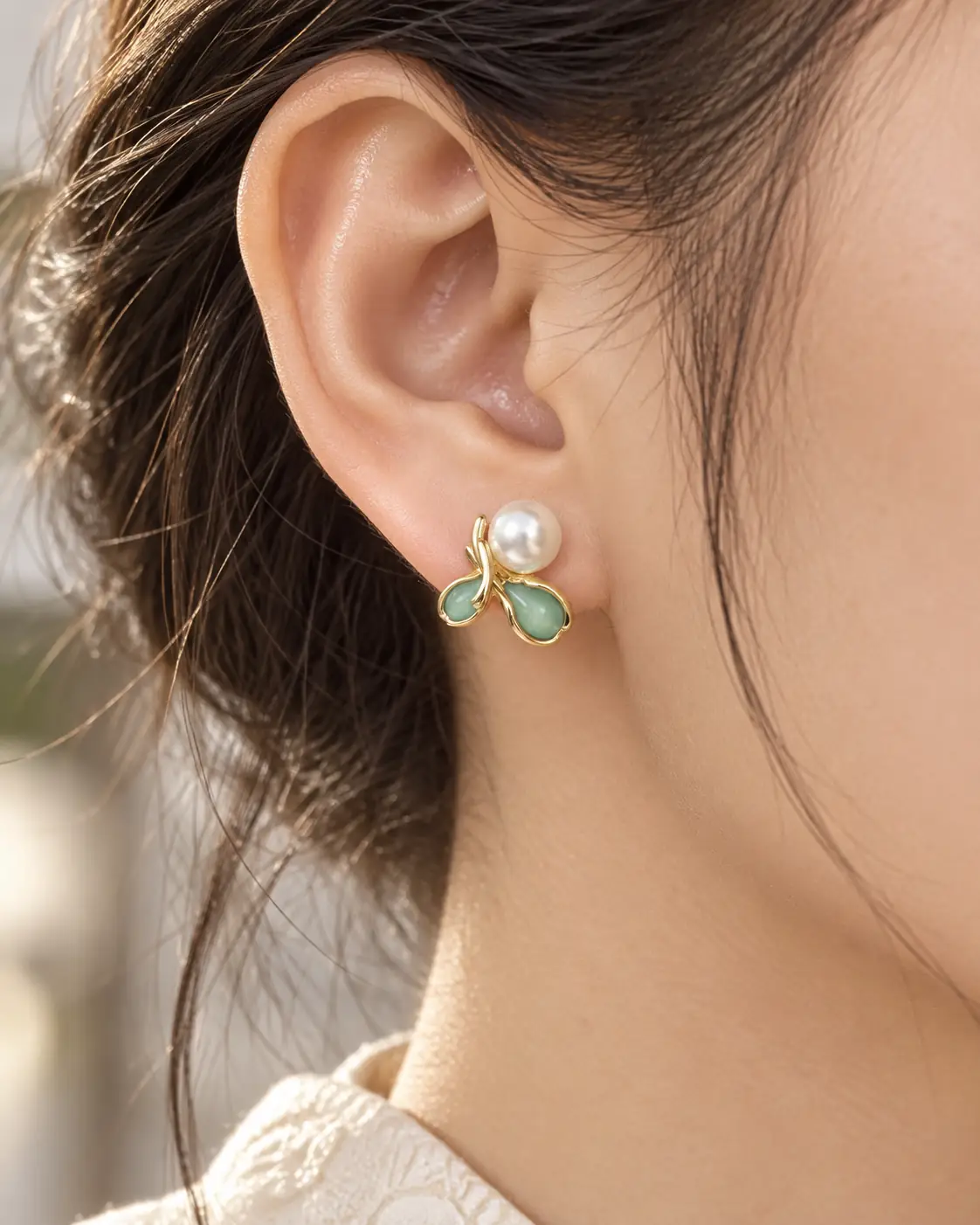 Stainless Steel Gold Mint Green Petal Pearl Stud Earrings for Women