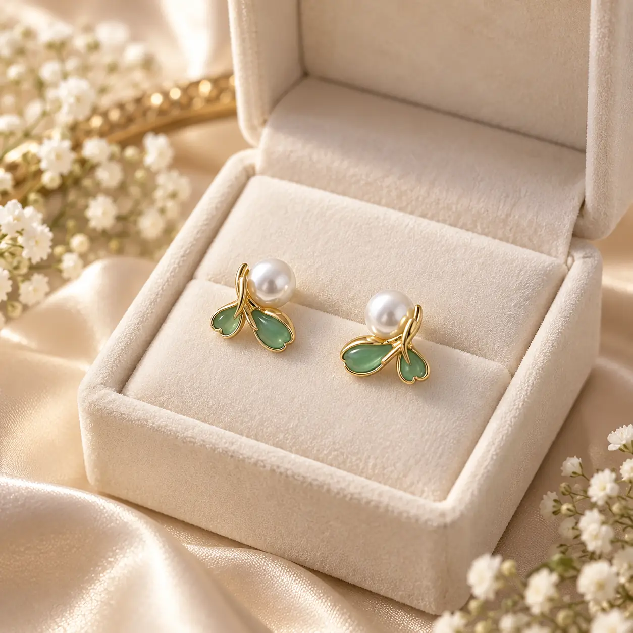 Stainless Steel Gold Mint Green Petal Pearl Stud Earrings for Women — image 2