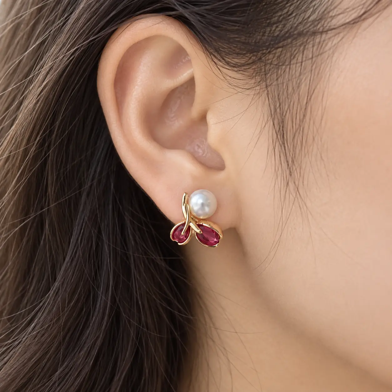 Stainless Steel Gold Rose Pink Crystal Petal Pearl Stud Earrings for Women
