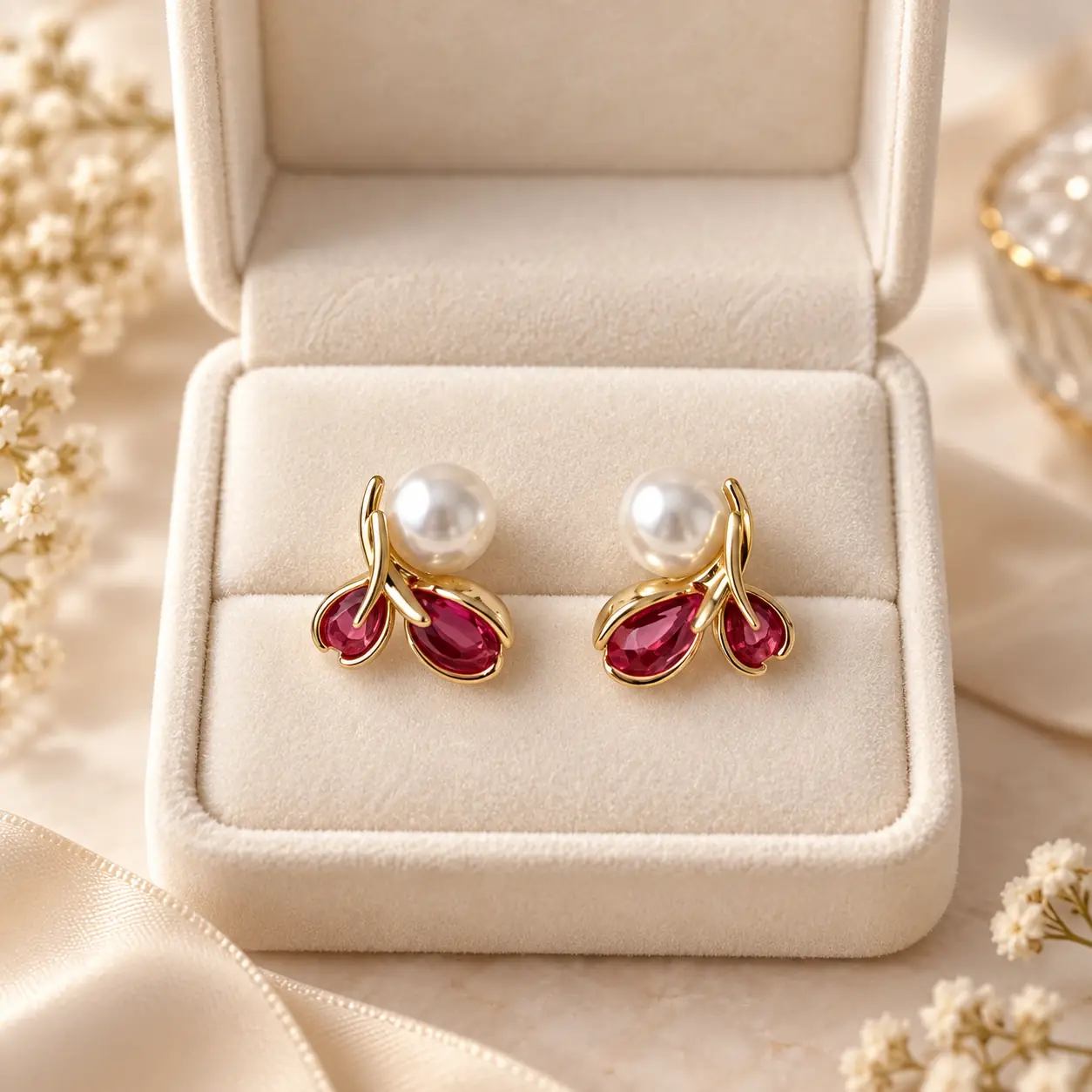 Stainless Steel Gold Rose Pink Crystal Petal Pearl Stud Earrings for Women — image 2