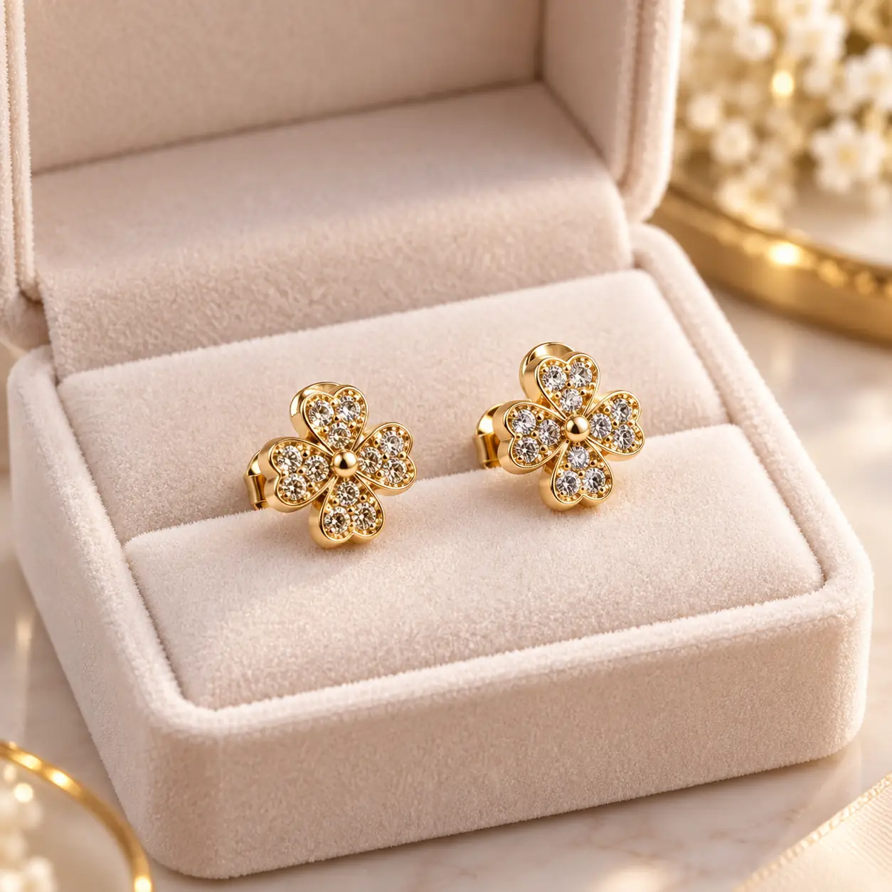 Stainless Steel Gold Three-Petal Crystal Cluster Stud Earrings for Women