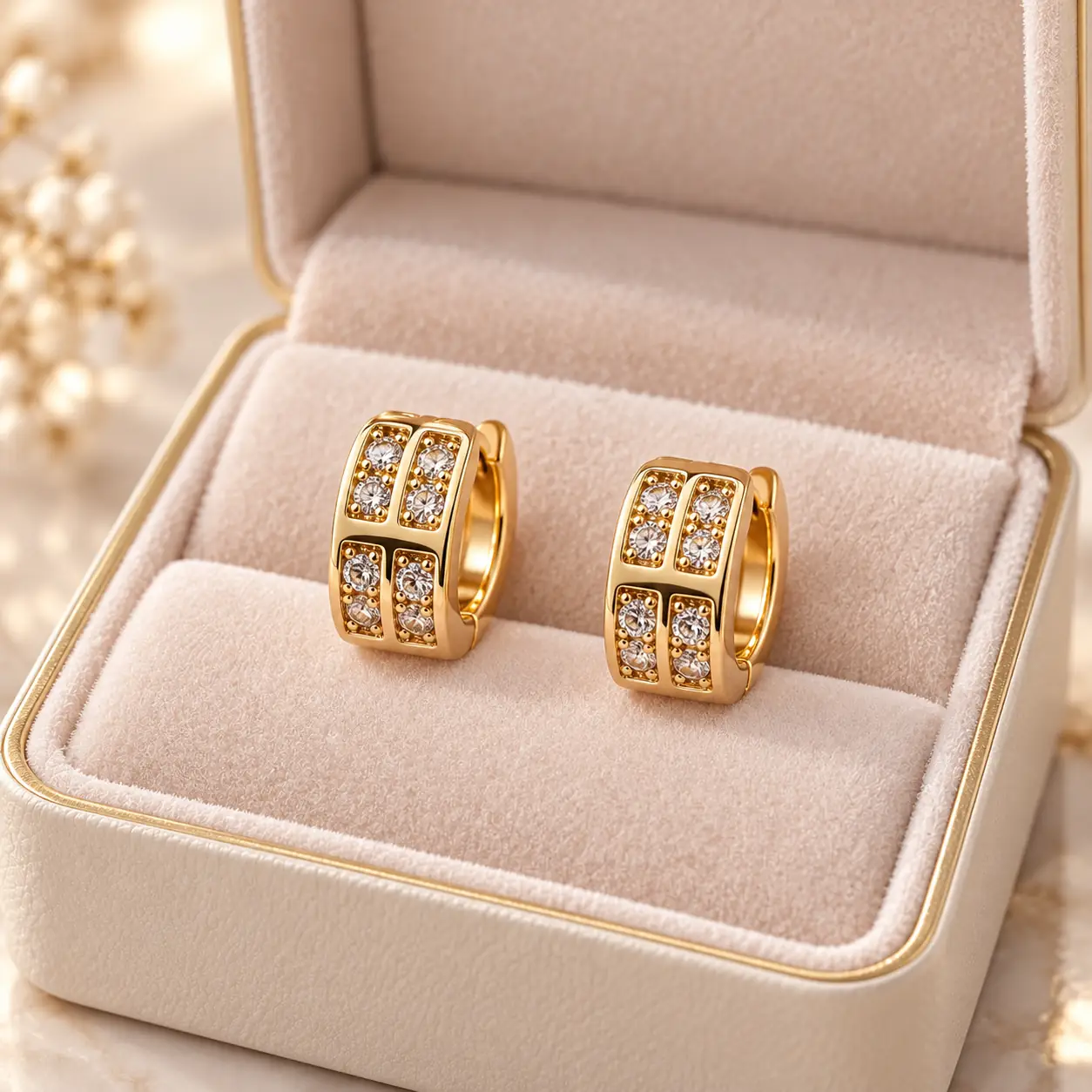 Stainless Steel Gold Four-Panel Crystal Huggie Hoop Earrings for Women