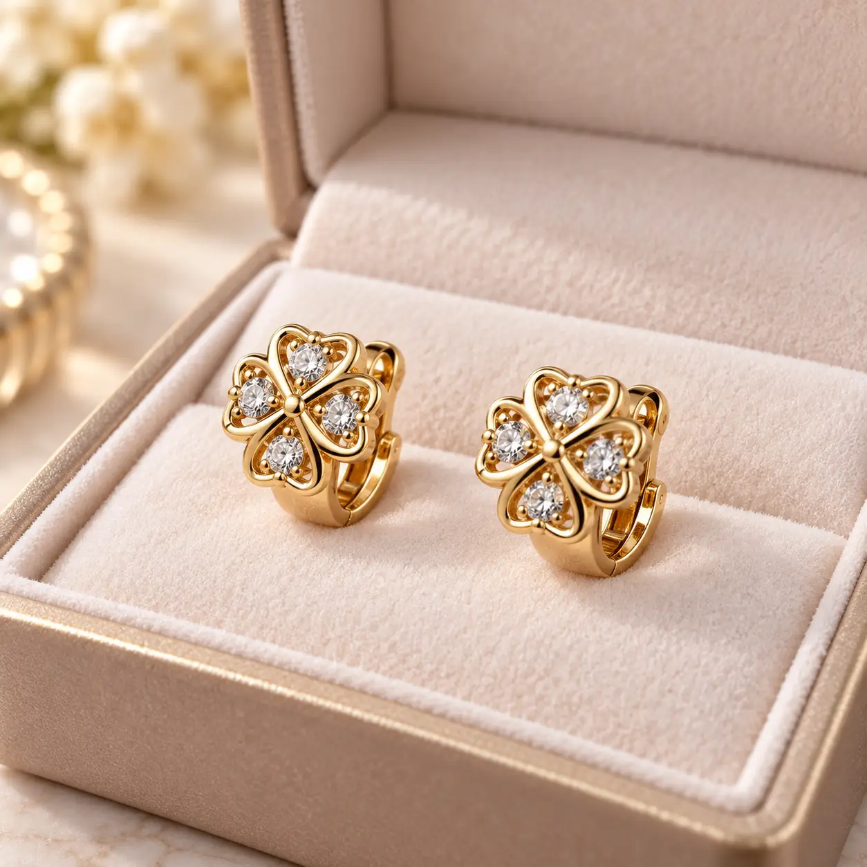 Stainless Steel Gold Four-Leaf Clover Crystal Stud Earrings for Women