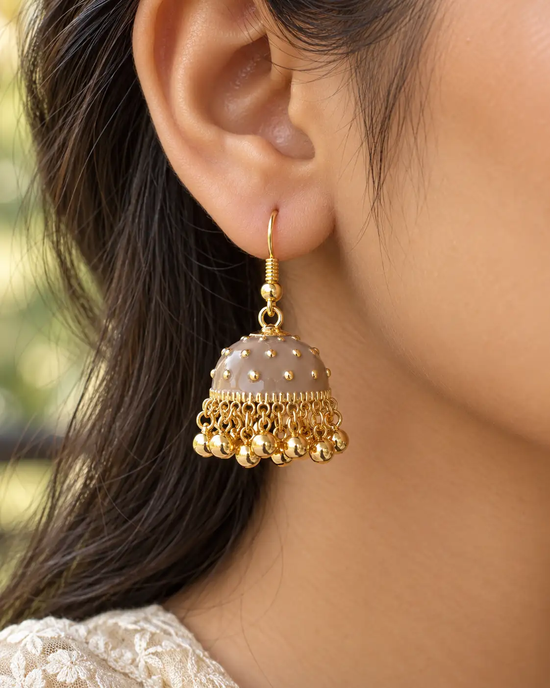 Stainless Steel Gold Taupe Dome Beaded Jhumka Earrings for Women