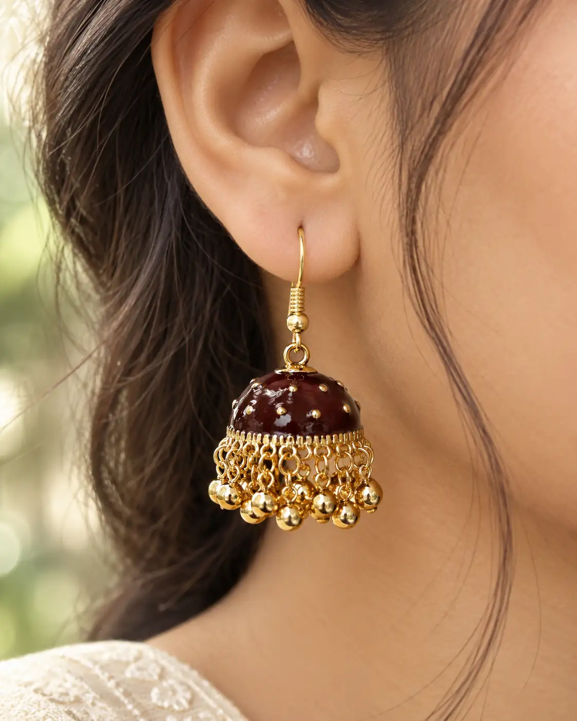 Stainless Steel Gold Maroon Dome Beaded Jhumka Earrings for Women — image 2