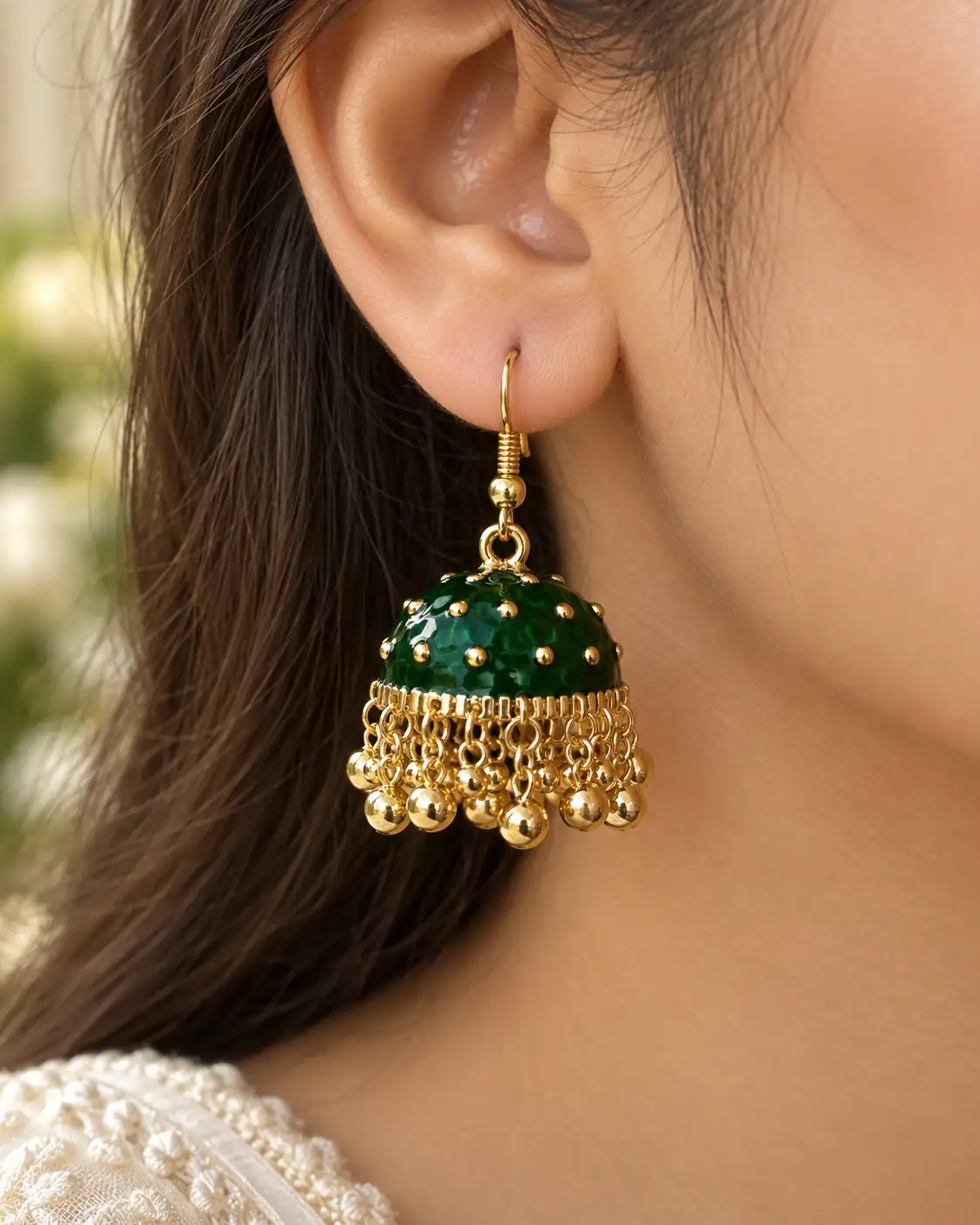 Stainless Steel Gold Emerald Green Dome Beaded Jhumka Earrings for Women