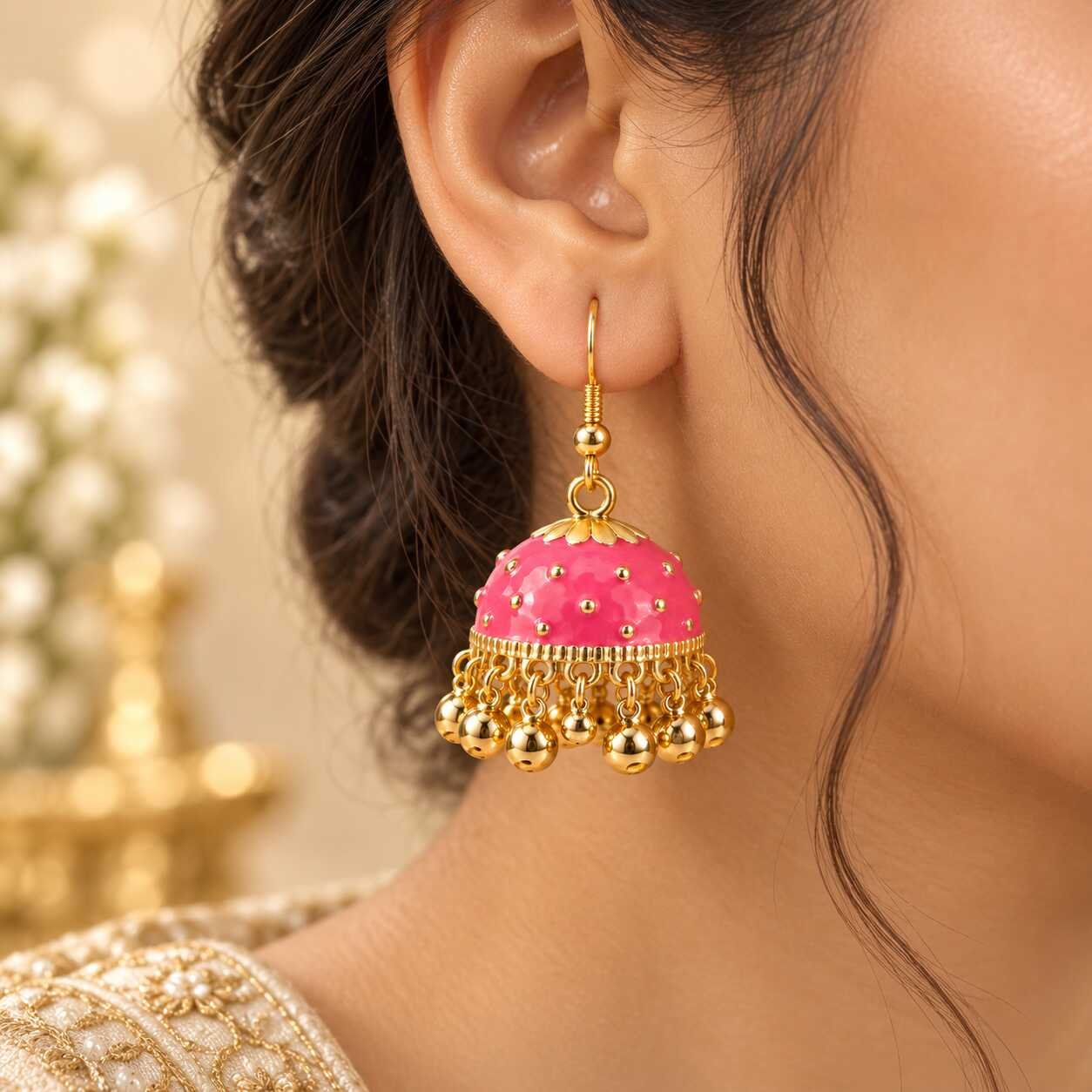 Stainless Steel Gold Pink Dome Beaded Jhumka Earrings for Women