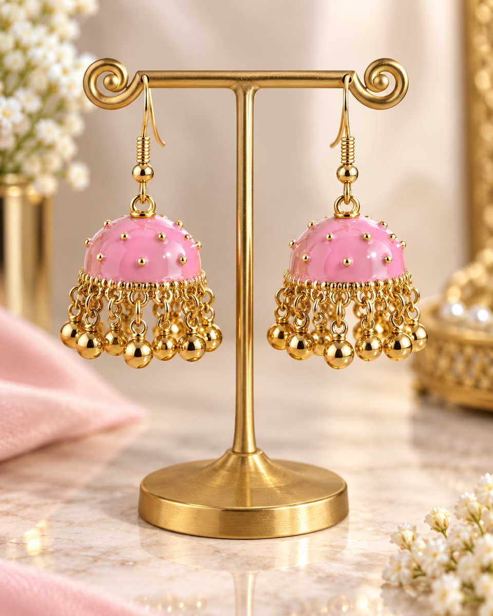 Stainless Steel Gold Pink Dome Beaded Jhumka Earrings for Women — image 2