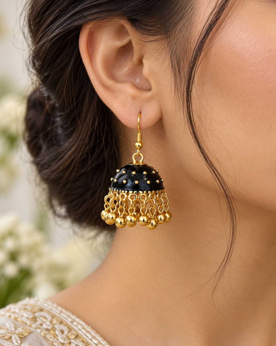 Stainless Steel Gold Black Dome Beaded Jhumka Earrings for Women