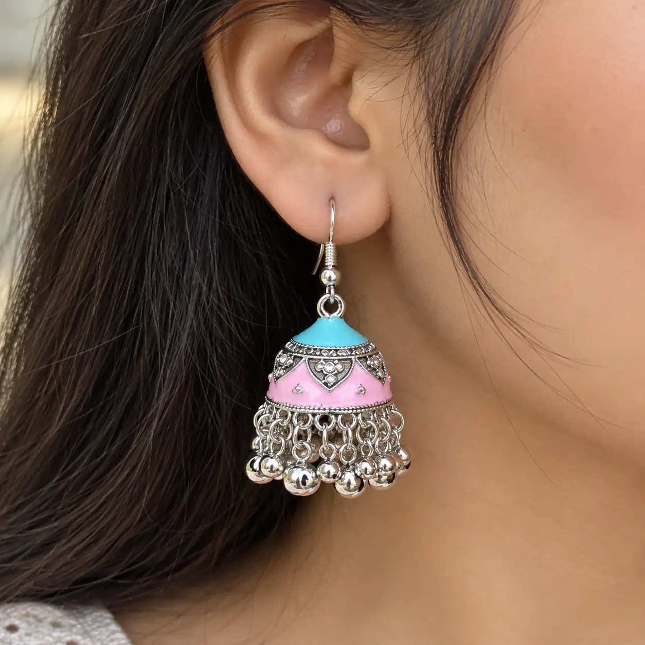 Stainless Steel Silver Pastel Pink Turquoise Enamel Jhumka Earrings for Women
