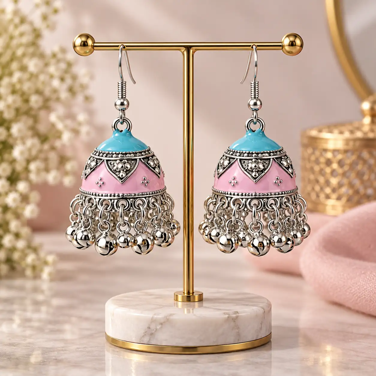 Stainless Steel Silver Pastel Pink Turquoise Enamel Jhumka Earrings for Women — image 2