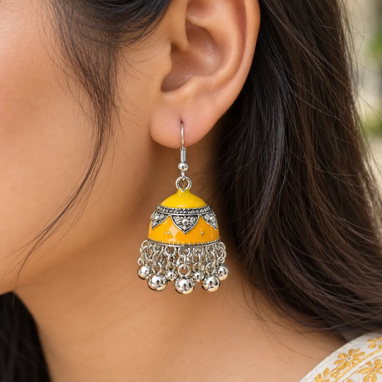 Stainless Steel Silver Yellow Enamel Beaded Jhumka Earrings for Women — image 2