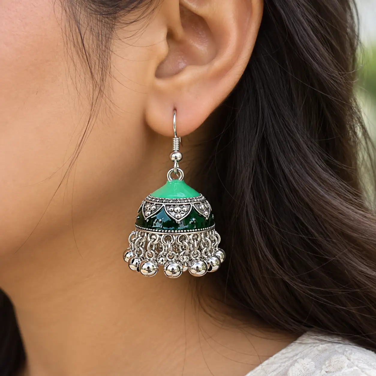 Stainless Steel Silver Emerald Green Enamel Beaded Jhumka Earrings for Women — image 2