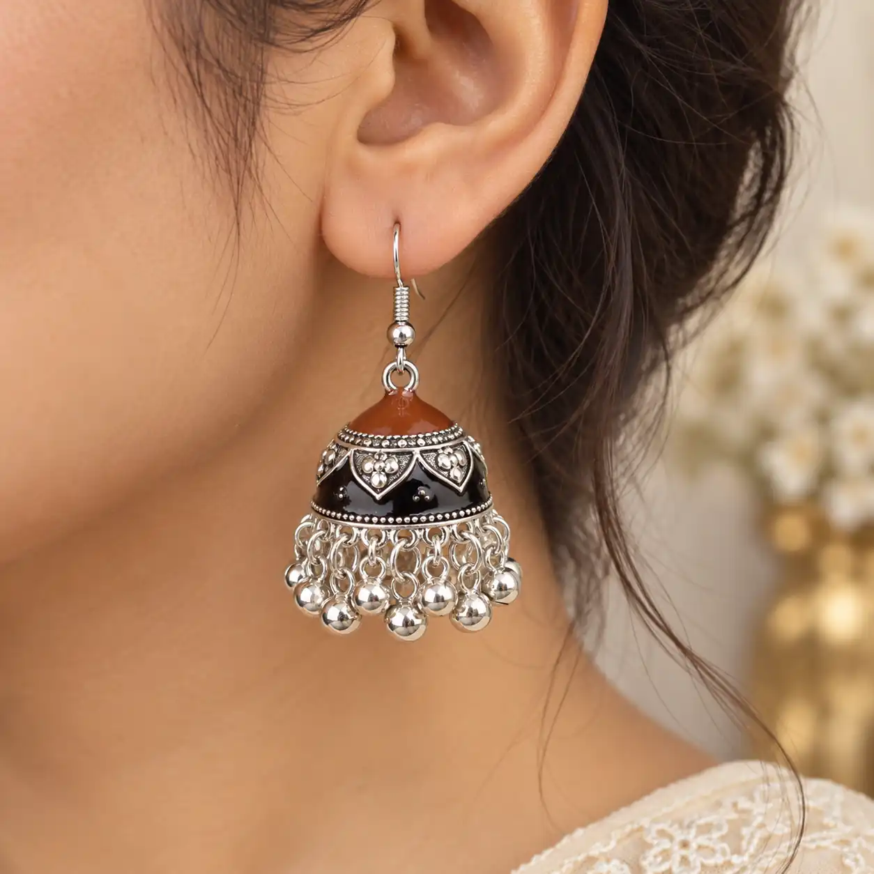 Stainless Steel Silver Brown & Black Enamel Beaded Jhumka Earrings for Women