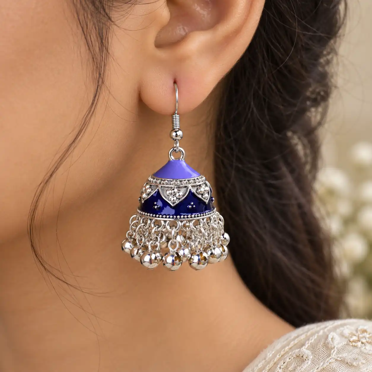 Stainless Steel Silver Lavender & Sapphire Blue Enamel Beaded Jhumka Earrings for Women