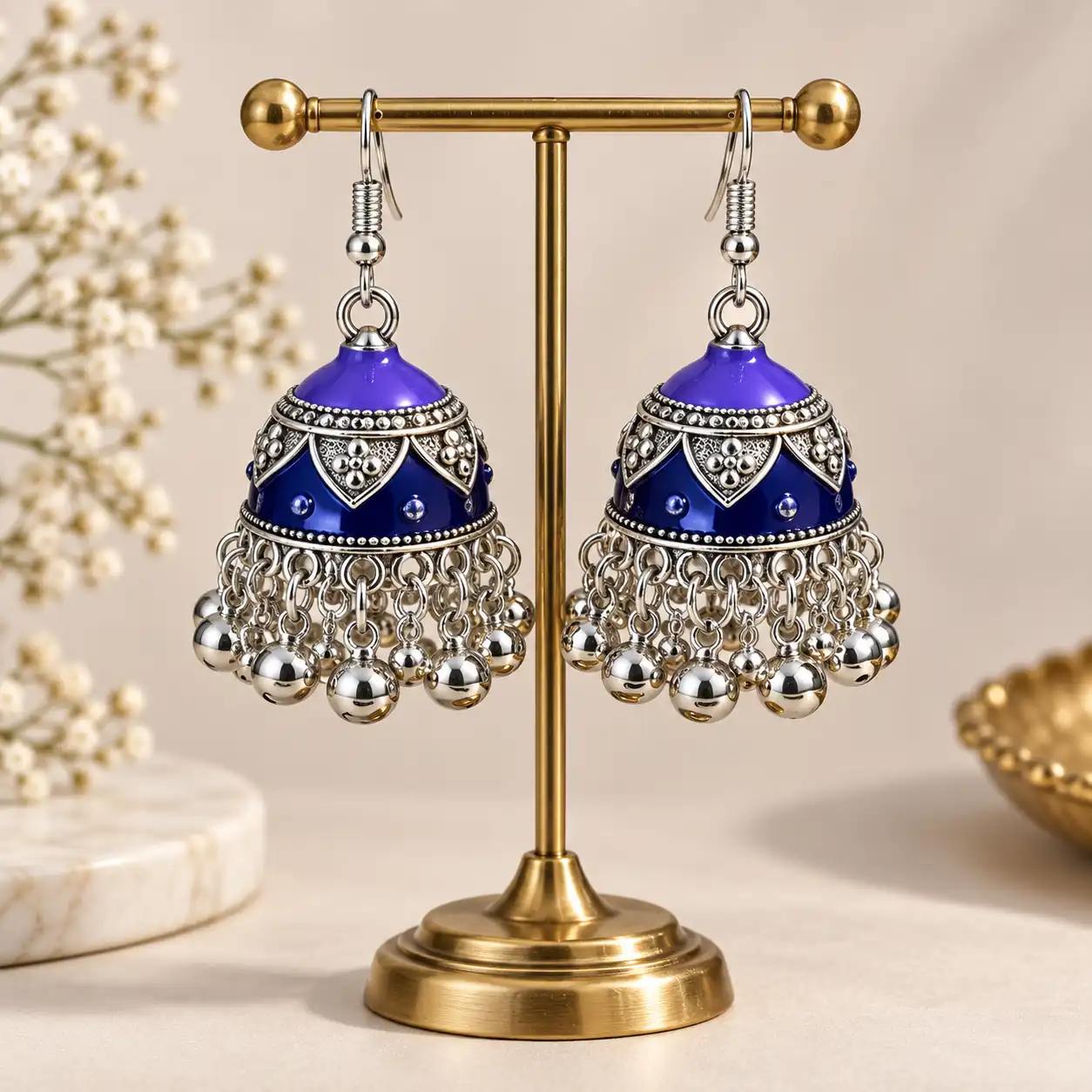 Stainless Steel Silver Lavender & Sapphire Blue Enamel Beaded Jhumka Earrings for Women — image 2