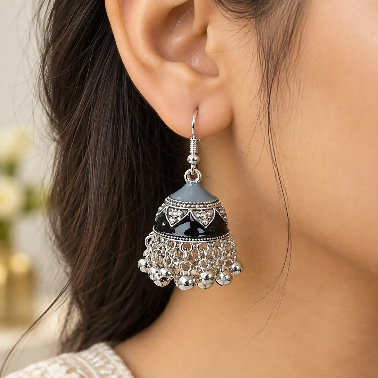 Stainless Steel Silver Black & Grey Enamel Beaded Jhumka Earrings for Women
