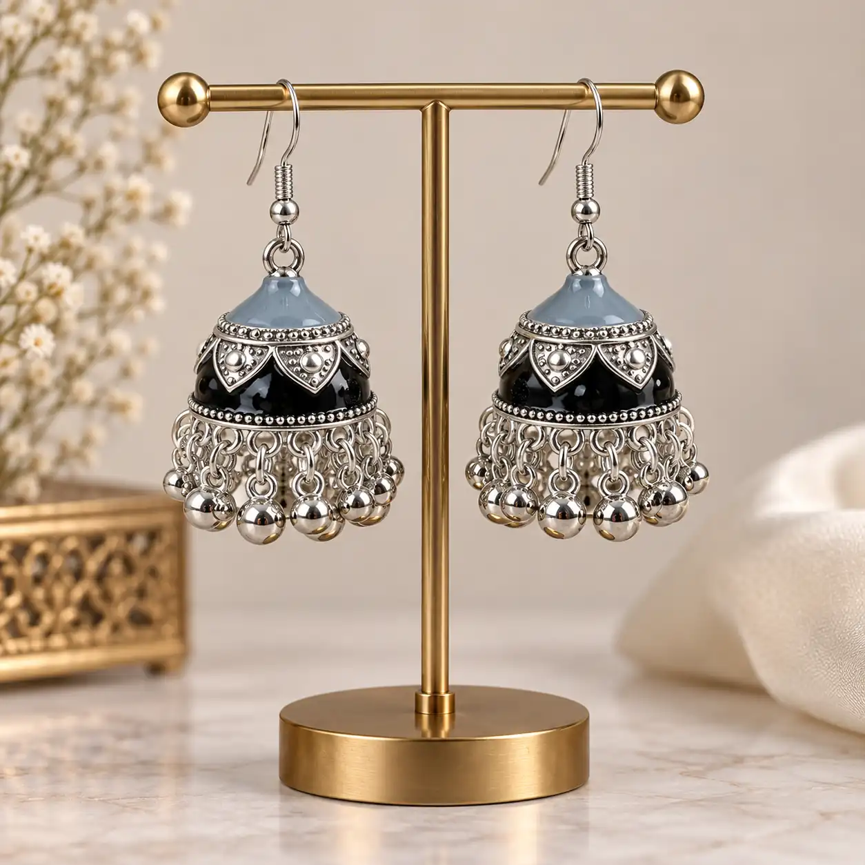 Stainless Steel Silver Black & Grey Enamel Beaded Jhumka Earrings for Women — image 2